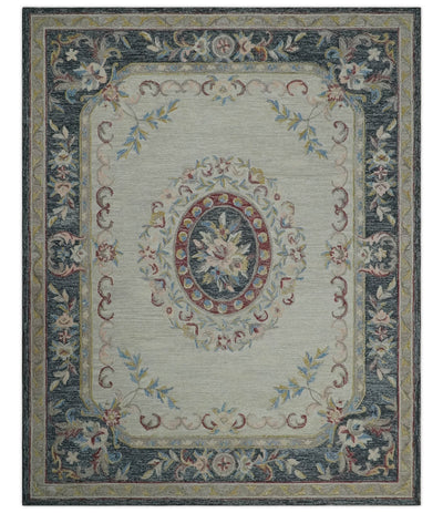 Antique Style Beige and Charcoal Aubusson design Hand Tufted 8x10 wool Area Rug - The Rug Decor