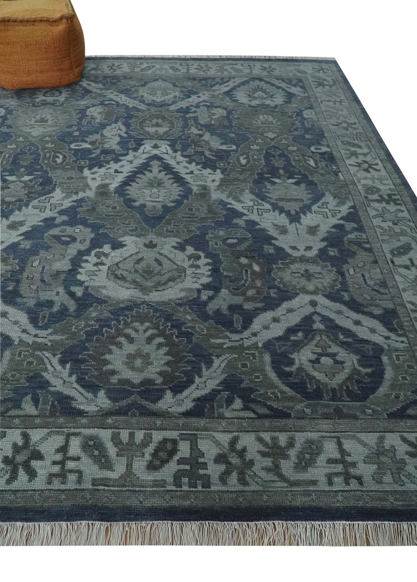 Antique style Blue, Charcoal and Silver Hand Knotted dragon Oushak Wool Area Rug - The Rug Decor