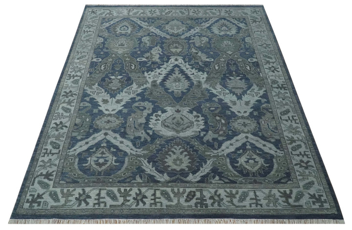 Antique style Blue, Charcoal and Silver Hand Knotted dragon Oushak Wool Area Rug - The Rug Decor