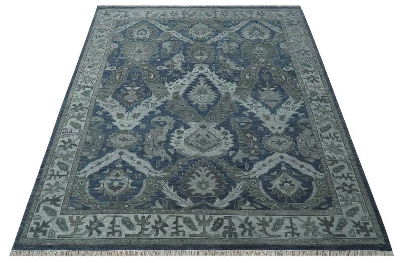 Antique style Blue, Charcoal and Silver Hand Knotted dragon Oushak Wool Area Rug - The Rug Decor