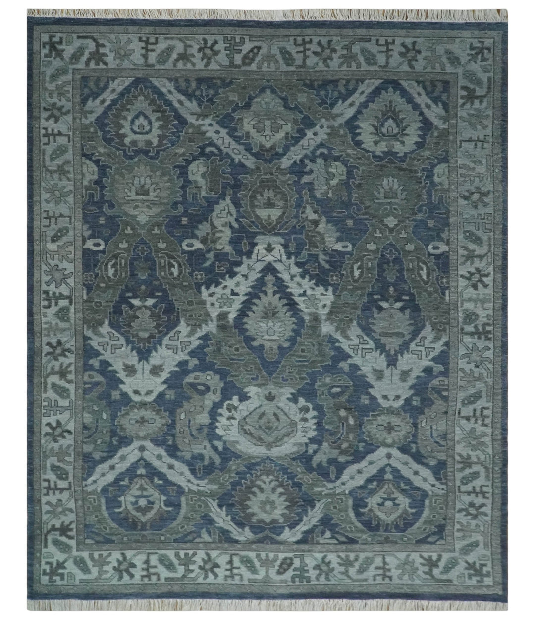 Antique style Blue, Charcoal and Silver Hand Knotted dragon Oushak Wool Area Rug - The Rug Decor