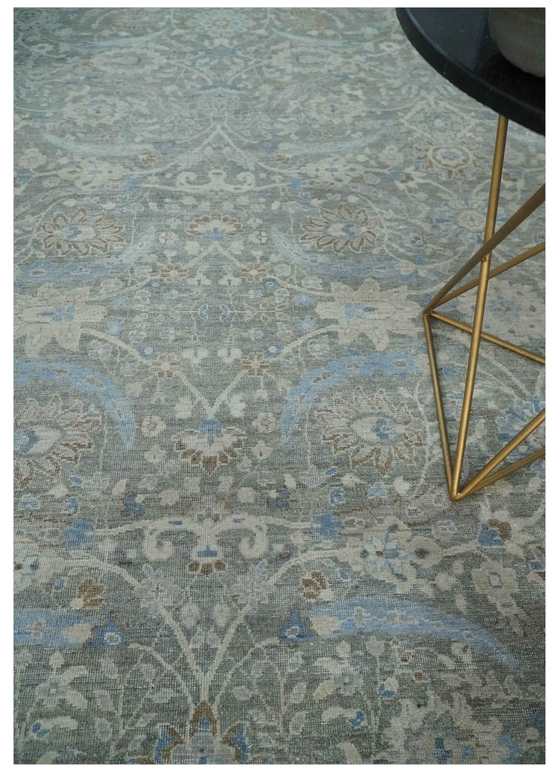 Antique Style Blue, Gray and Beige Hand knotted Classic Distressed Finished Custom Made wool Area Rug - The Rug Decor
