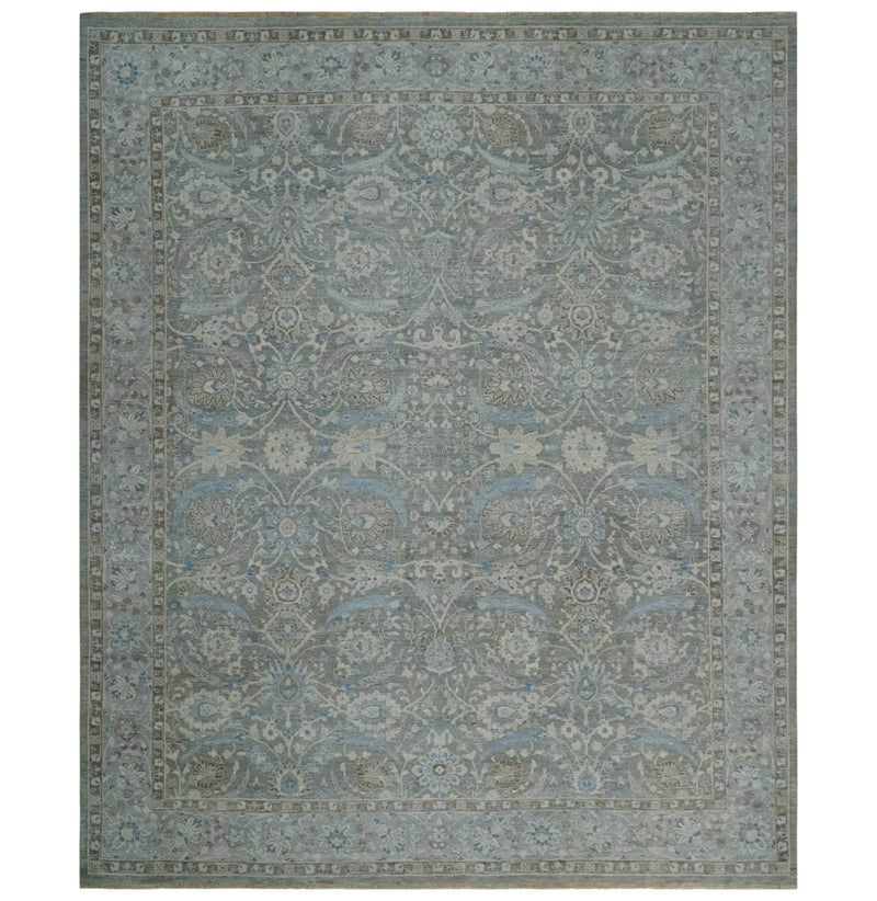 Antique Style Blue, Gray and Beige Hand knotted Classic Distressed Finished Custom Made wool Area Rug - The Rug Decor