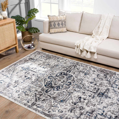 Antique Style Blue, Gray and Ivory Traditional Heriz Design Jute Backing Area Rug - The Rug Decor