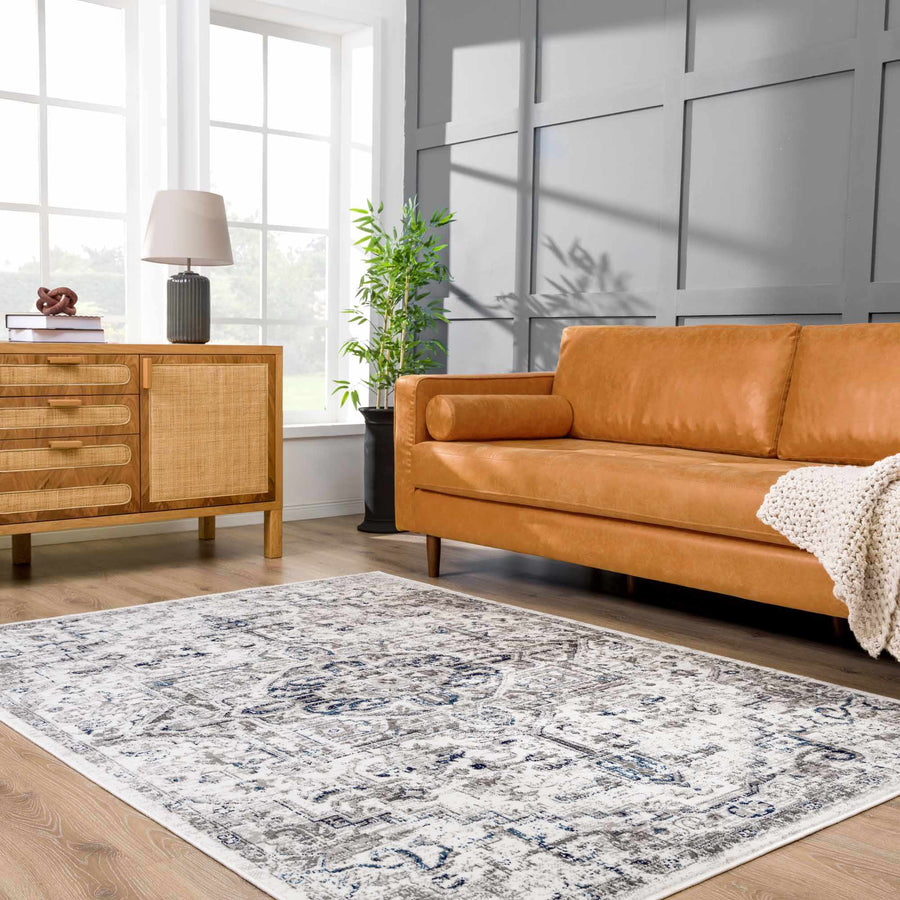 Antique Style Blue, Gray and Ivory Traditional Heriz Design Jute Backing Area Rug - The Rug Decor