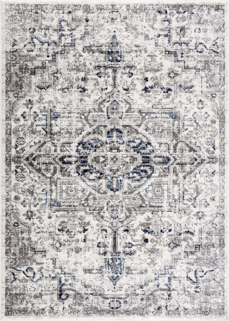 Antique Style Blue, Gray and Ivory Traditional Heriz Design Jute Backing Area Rug - The Rug Decor