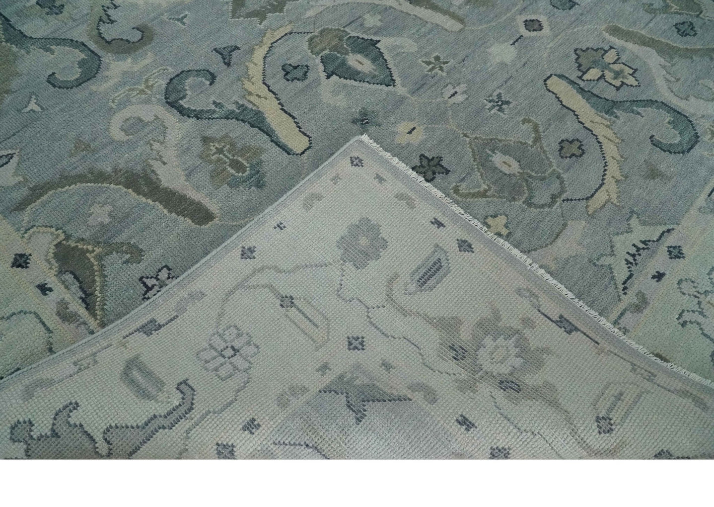 Antique Style Custom Made Charcoal, Silver and Green Hand Knotted Oriental Oushak Wool Area Rug - The Rug Decor