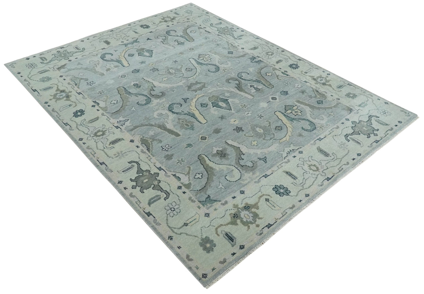 Antique Style Custom Made Charcoal, Silver and Green Hand Knotted Oriental Oushak Wool Area Rug - The Rug Decor