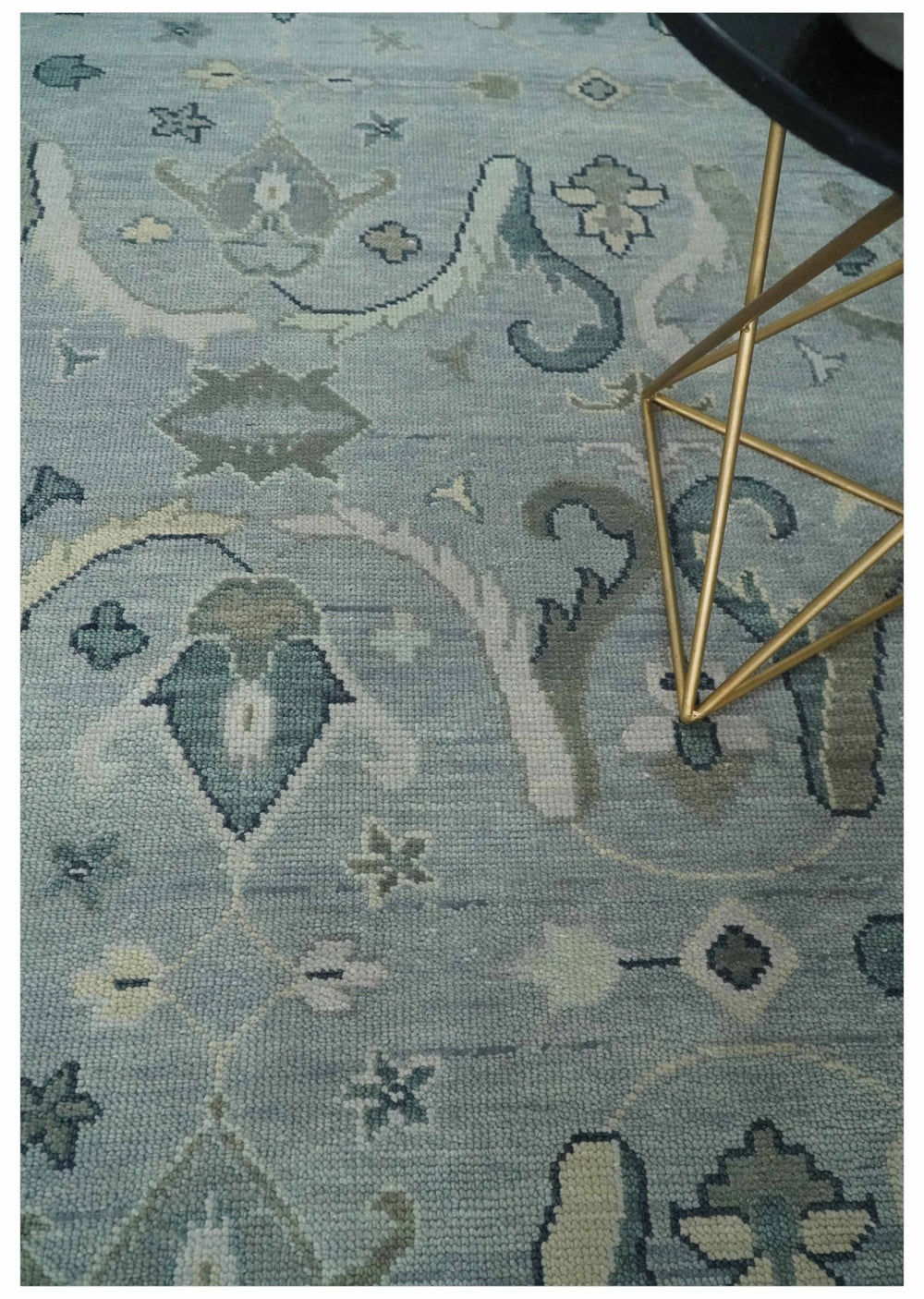 Antique Style Custom Made Charcoal, Silver and Green Hand Knotted Oriental Oushak Wool Area Rug - The Rug Decor