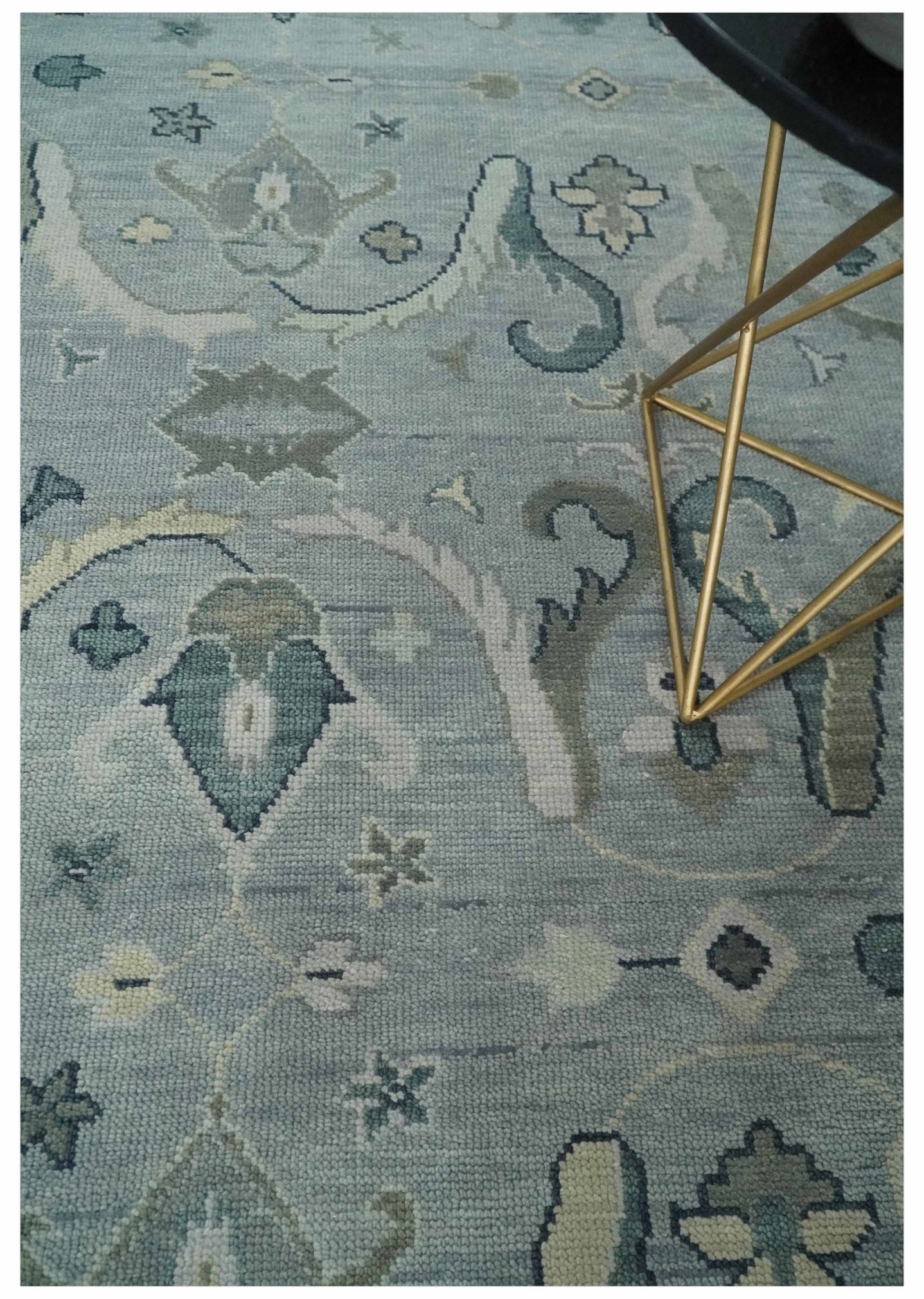 Antique Style Custom Made Charcoal, Silver and Green Hand Knotted Oriental Oushak Wool Area Rug - The Rug Decor