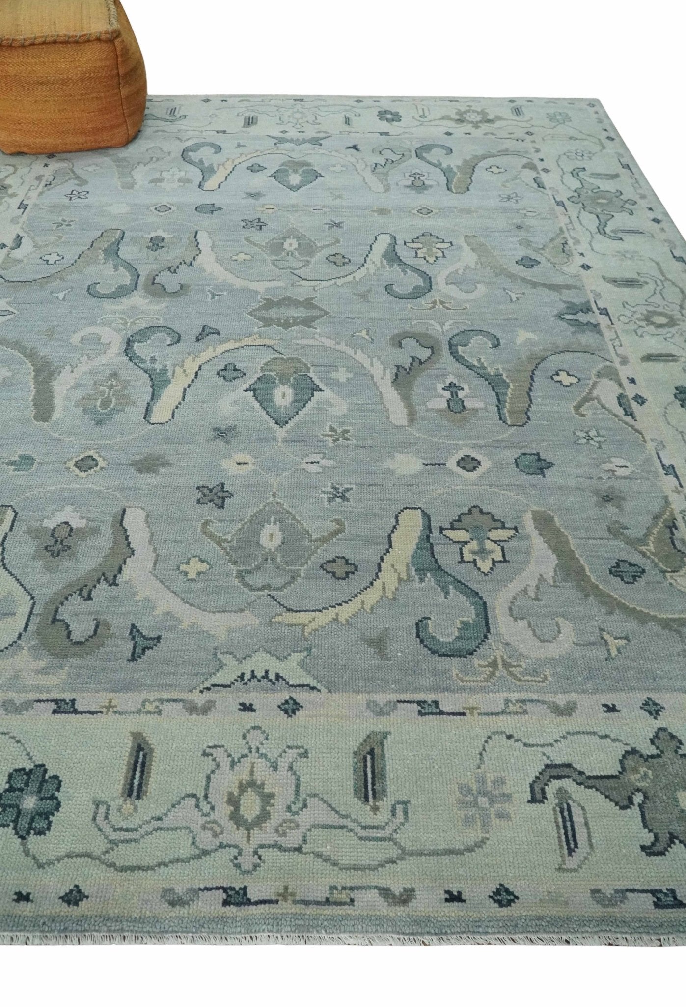 Antique Style Custom Made Charcoal, Silver and Green Hand Knotted Oriental Oushak Wool Area Rug - The Rug Decor