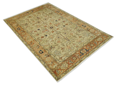 Antique Style Empress Tabriz 6x8 Hand Knotted Beige and Rust Modern Traditional Wool Rug | N35368 - The Rug Decor