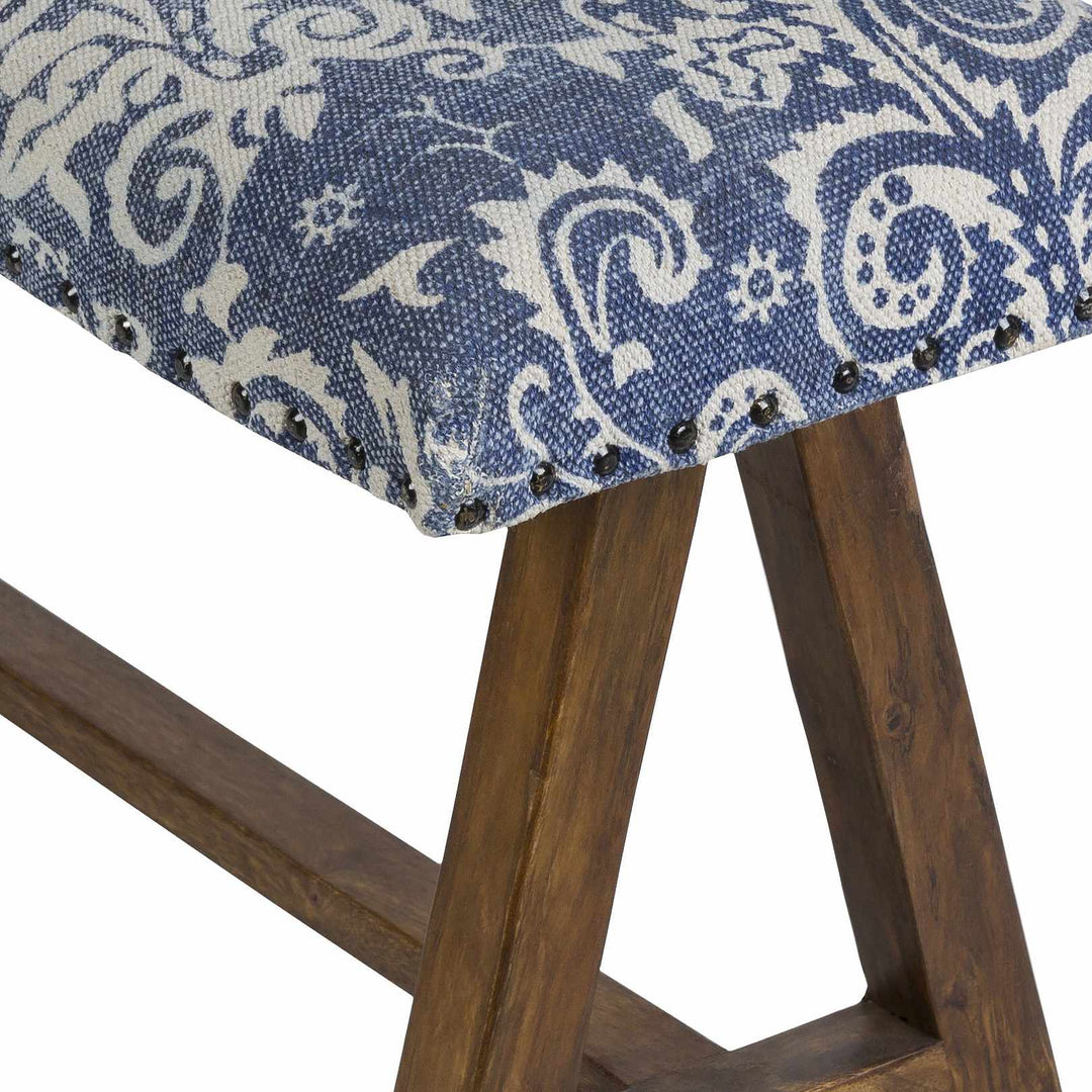 Antique style Floral Blue and Ivory Hand Made Wooden Bench - The Rug Decor