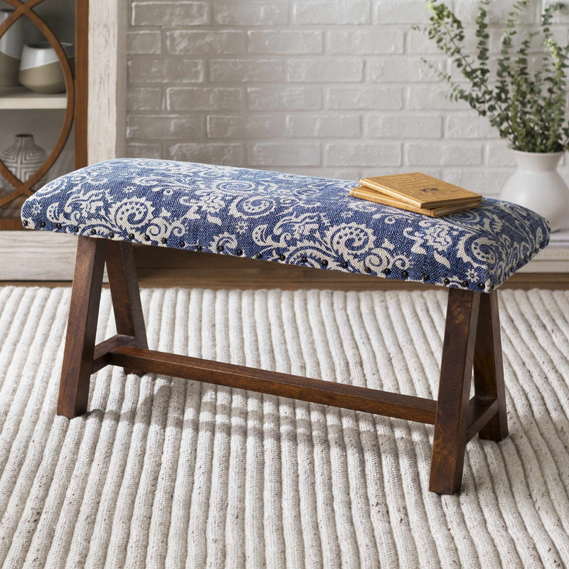 Antique style Floral Blue and Ivory Hand Made Wooden Bench - The Rug Decor