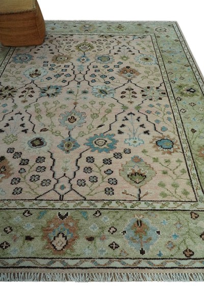 Antique Style floral Hand knotted Peach Pink and Green Custom Made Wool Area Rug - The Rug Decor