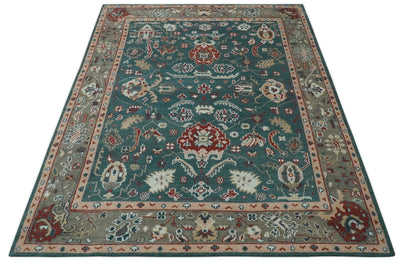 Antique Style Floral Teal, Camel and Brown Hand Knotted Oriental Oushak 8x10 wool Area Rug - The Rug Decor