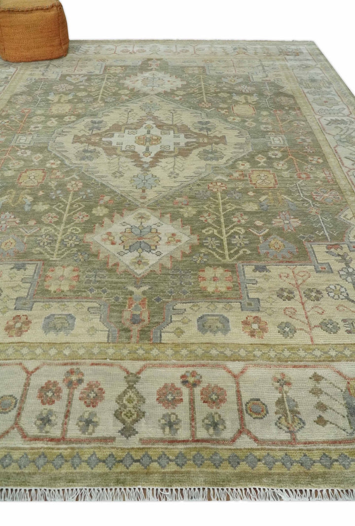 Antique Style Green, Ivory and Beige Hand knotted 9x12 wool Area Rug - The Rug Decor