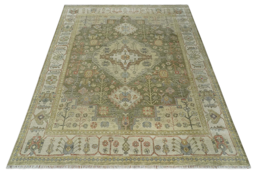 Antique Style Green, Ivory and Beige Hand knotted 9x12 wool Area Rug - The Rug Decor