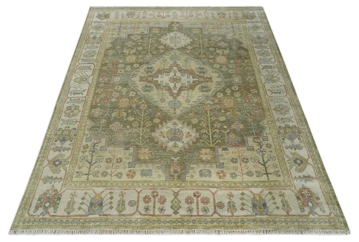 Antique Style Green, Ivory and Beige Hand knotted 9x12 wool Area Rug - The Rug Decor