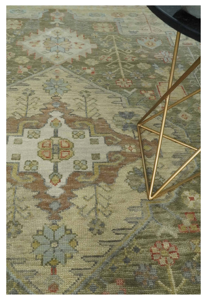 Antique Style Green, Ivory and Beige Hand knotted 9x12 wool Area Rug - The Rug Decor