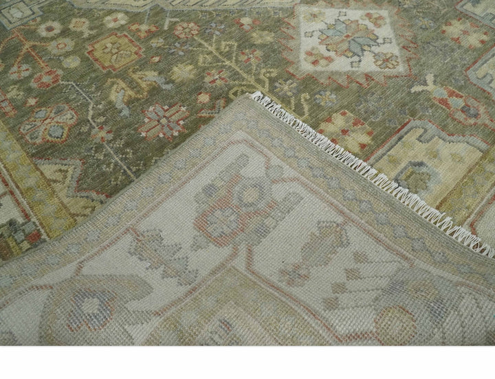 Antique Style Green, Ivory and Beige Hand knotted 9x12 wool Area Rug - The Rug Decor