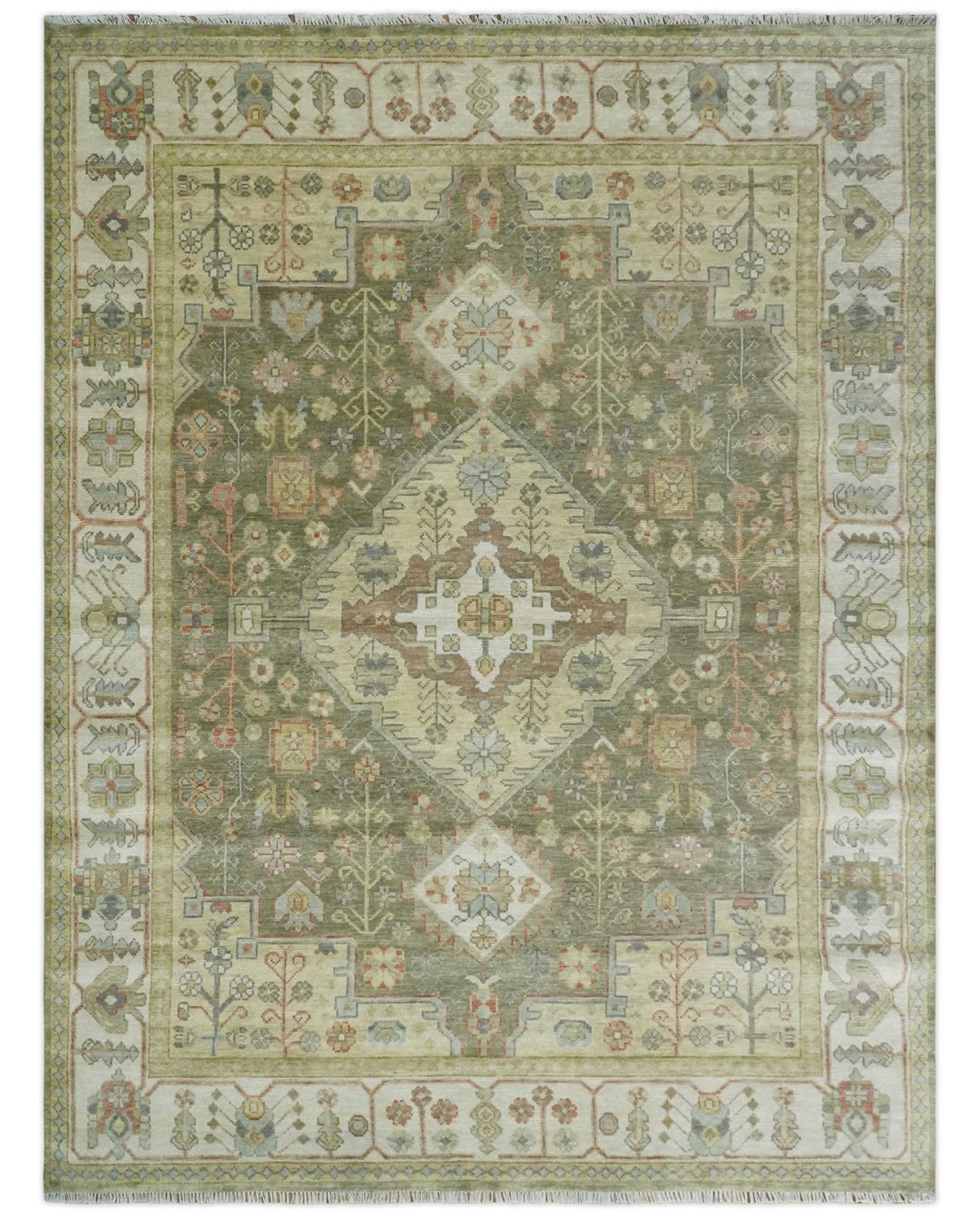 Antique Style Green, Ivory and Beige Hand knotted 9x12 wool Area Rug - The Rug Decor