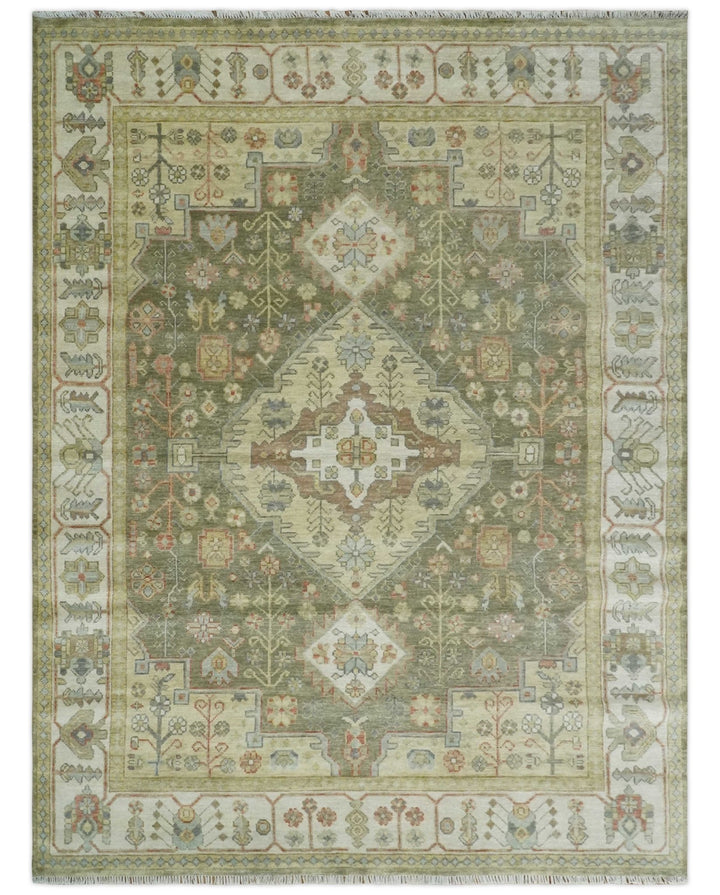 Antique Style Green, Ivory and Beige Hand knotted 9x12 wool Area Rug - The Rug Decor