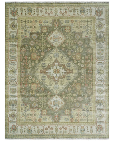 Antique Style Green, Ivory and Beige Hand knotted 9x12 wool Area Rug - The Rug Decor