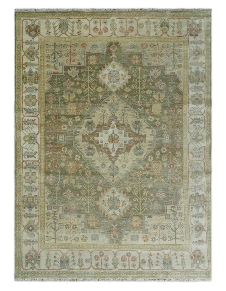 Antique Style Green, Ivory and Beige Hand knotted 9x12 wool Area Rug - The Rug Decor