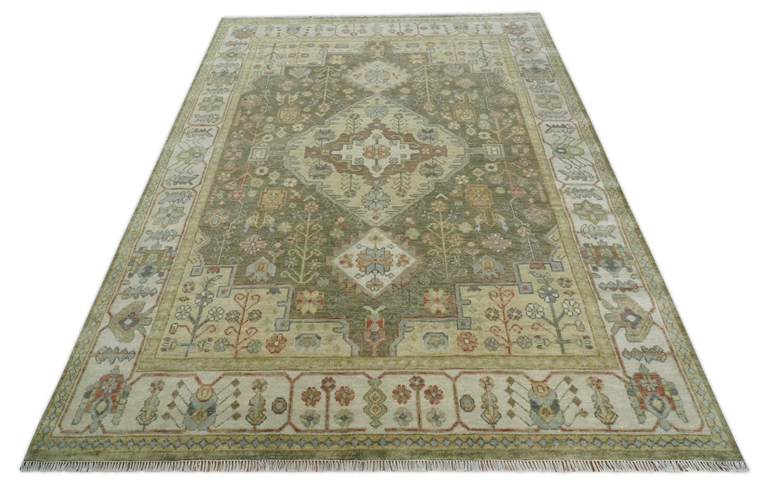 Antique Style Green, Ivory and Beige Hand knotted 9x12 wool Area Rug - The Rug Decor