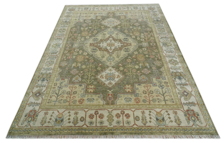 Antique Style Green, Ivory and Beige Hand knotted 9x12 wool Area Rug - The Rug Decor