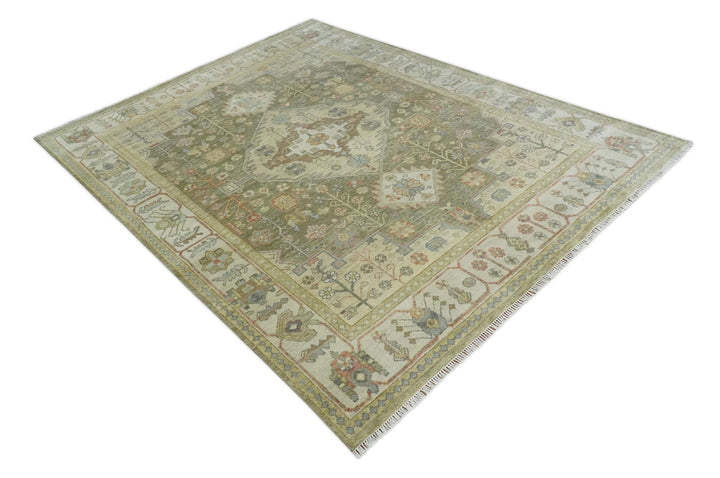 Antique Style Green, Ivory and Beige Hand knotted 9x12 wool Area Rug - The Rug Decor