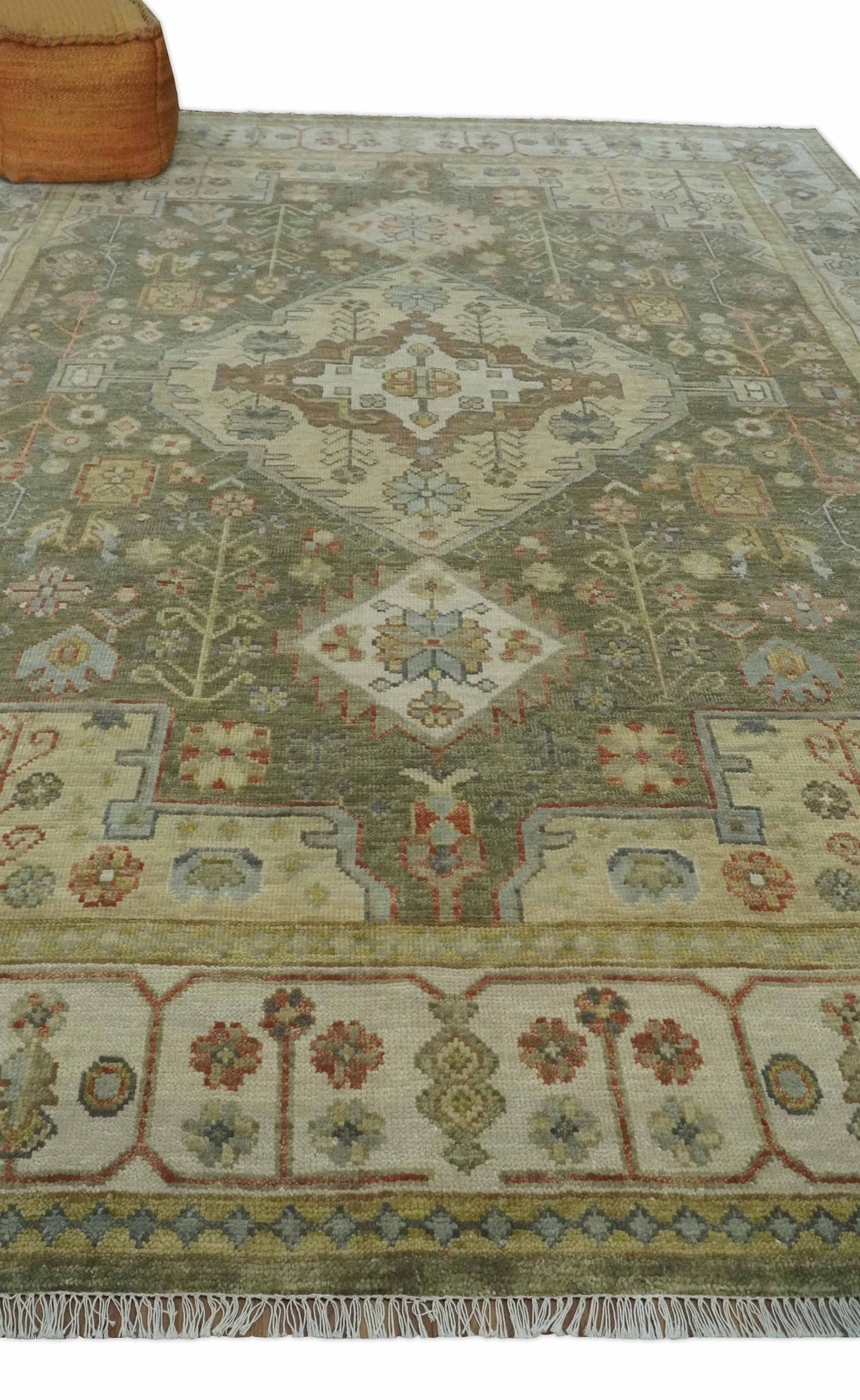 Antique Style Green, Ivory and Beige Hand knotted 9x12 wool Area Rug - The Rug Decor