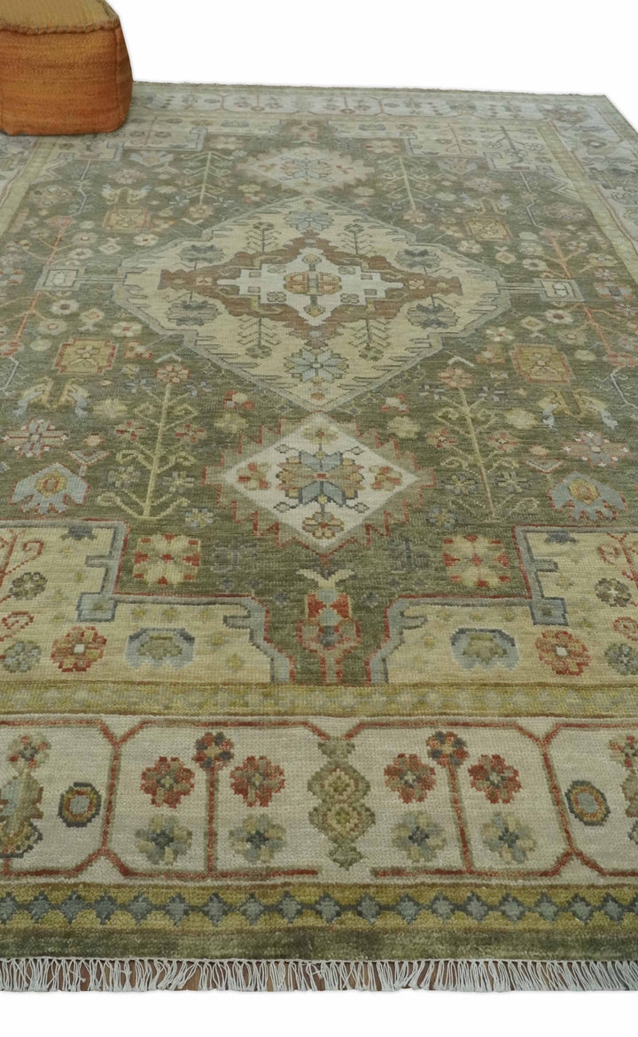 Antique Style Green, Ivory and Beige Hand knotted 9x12 wool Area Rug - The Rug Decor