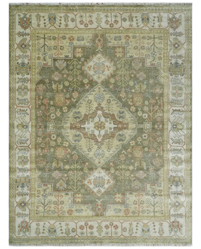 Antique Style Green, Ivory and Beige Hand knotted Heriz Serapi Multi Size wool Area Rug - The Rug Decor