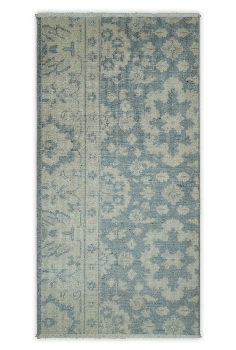 Antique Style Ivory and Charcoal Hand Knotted Traditional Oushak 2x4 wool Bedside Rug - The Rug Decor