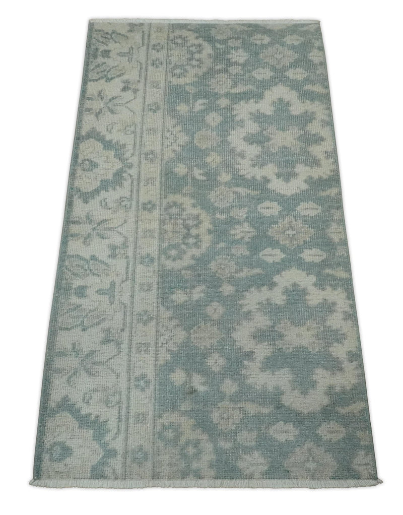 Antique Style Ivory and Gray Hand Knotted Traditional Oushak 2x4 wool Bedside Rug - The Rug Decor