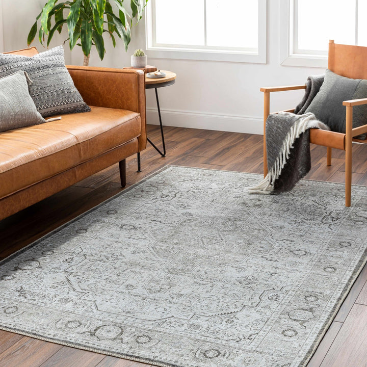 Antique Style Machine Woven Traditional Silver and Charcoal Machine Washable Rug - The Rug Decor