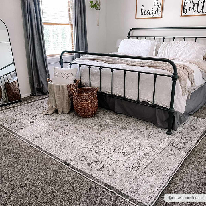 Antique Style Machine Woven Traditional Silver and Charcoal Machine Washable Rug - The Rug Decor