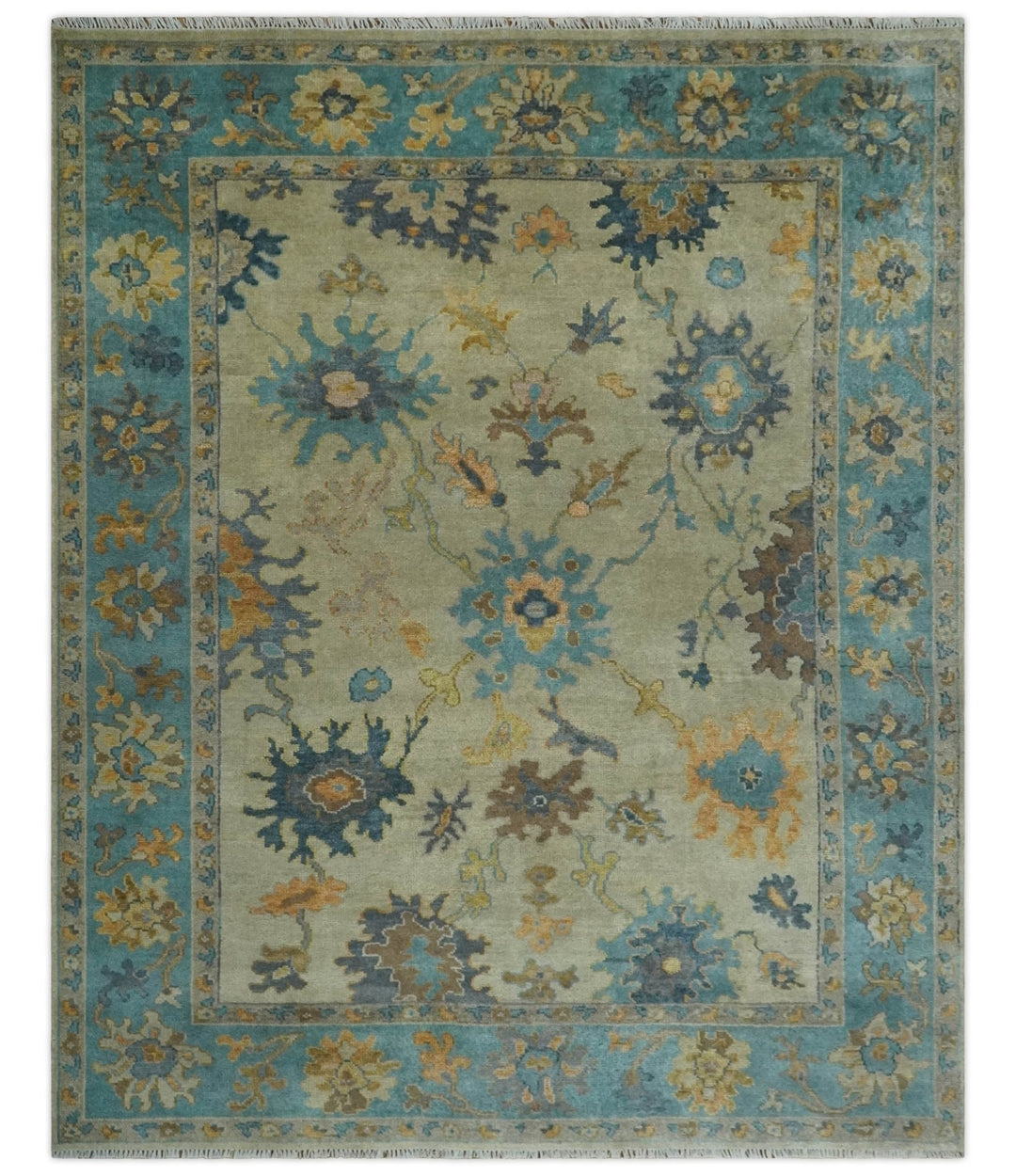 Antique Style Olive and Blue Hand knotted Traditional Oushak 8x10 wool Area Rug - The Rug Decor