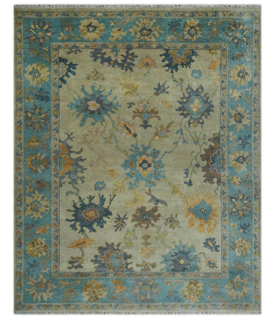 Antique Style Olive and Blue Hand knotted Traditional Oushak 8x10 wool Area Rug - The Rug Decor