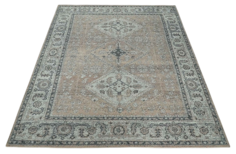 Antique Style Peach, Ivory and Charcoal 8x10 Hand knotted Traditional wool Area Rug - The Rug Decor