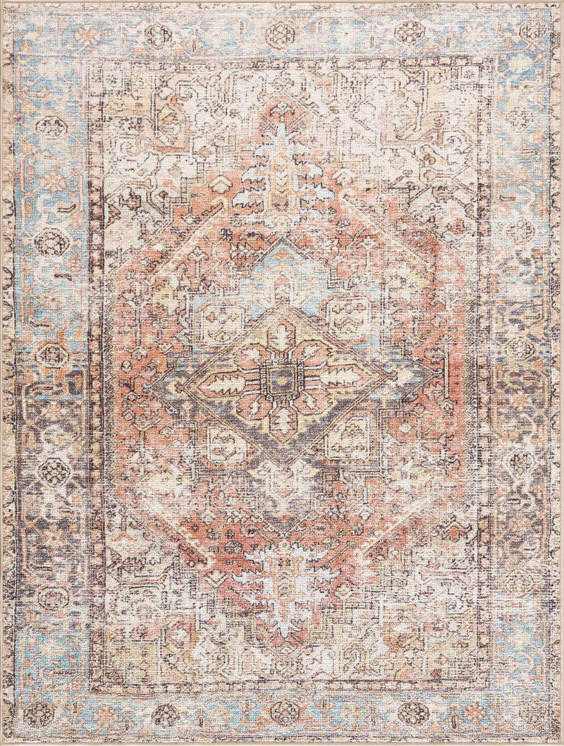 Antique style Rust, Blue, Beige and Charcoal Traditional Heriz Washable Area Rug - The Rug Decor