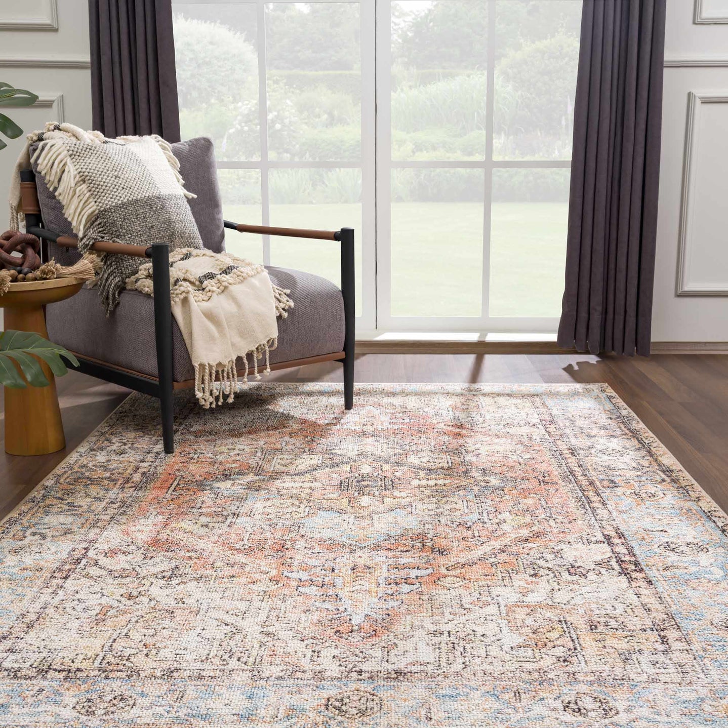 Antique style Rust, Blue, Beige and Charcoal Traditional Heriz Washable Area Rug - The Rug Decor