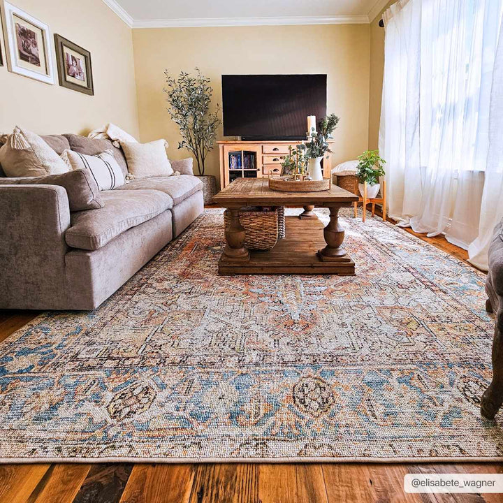 Antique style Rust, Blue, Beige and Charcoal Traditional Heriz Washable Area Rug - The Rug Decor