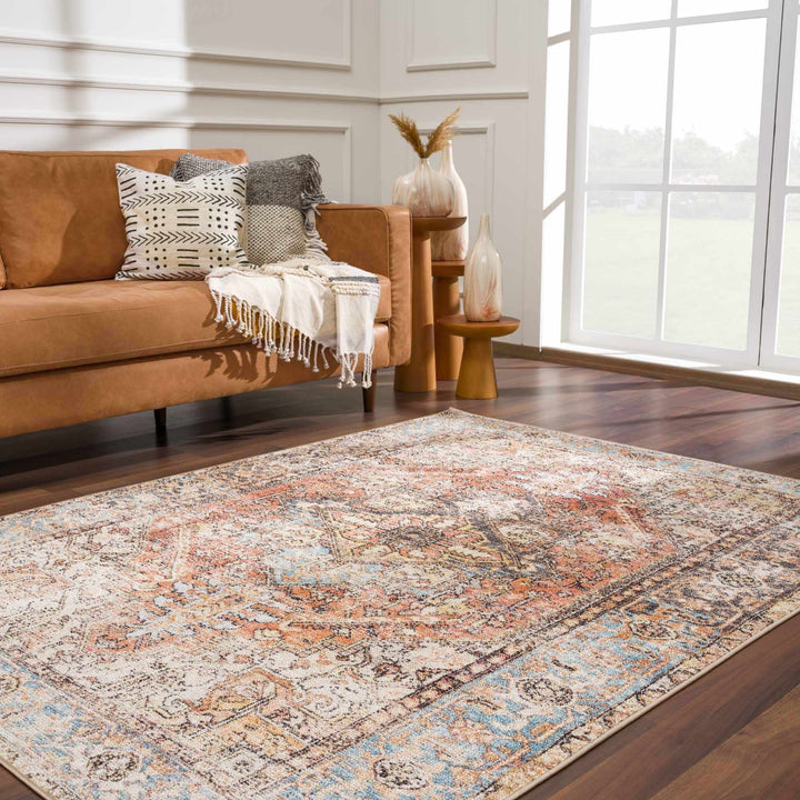 Antique style Rust, Blue, Beige and Charcoal Traditional Heriz Washable Area Rug - The Rug Decor
