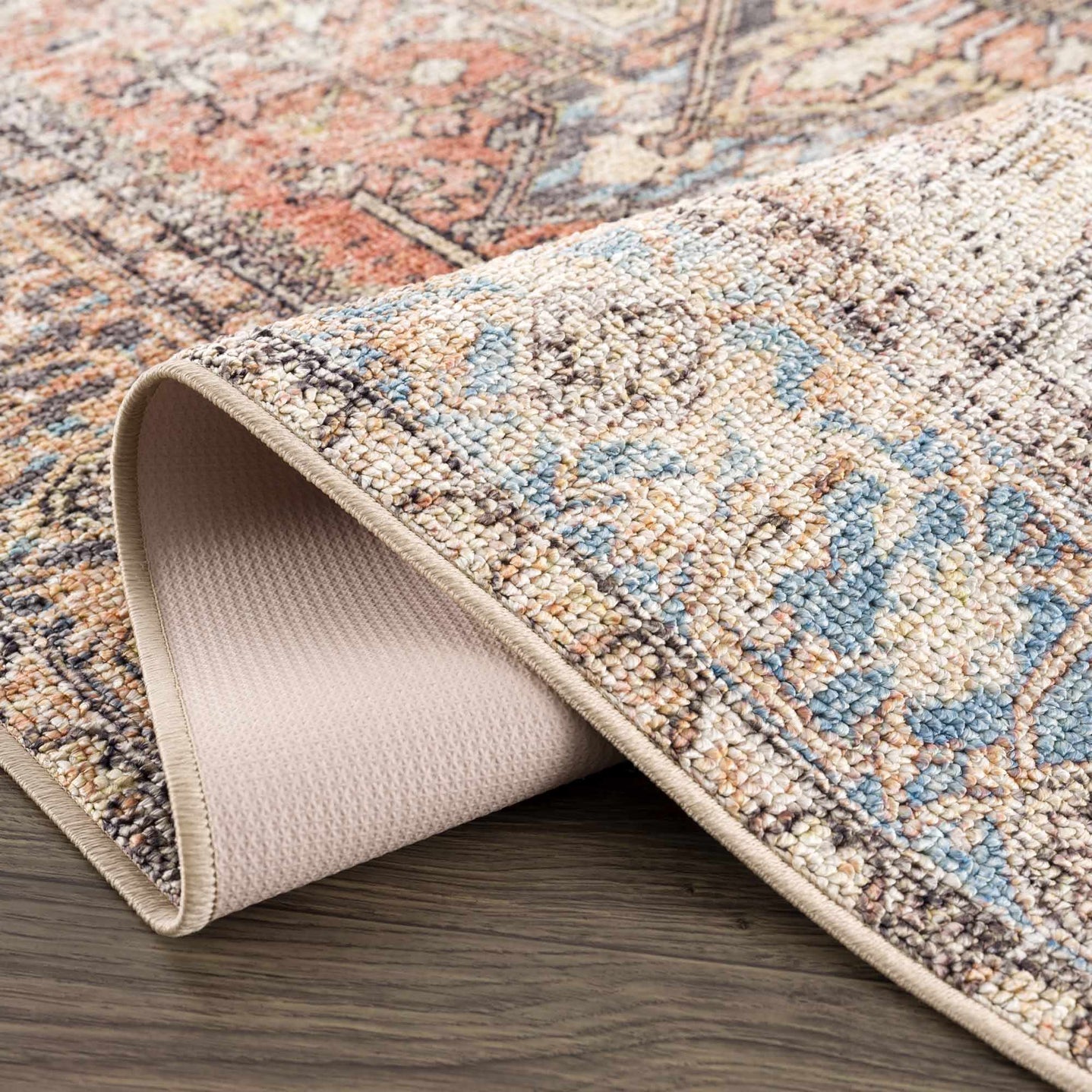 Antique style Rust, Blue, Beige and Charcoal Traditional Heriz Washable Area Rug - The Rug Decor