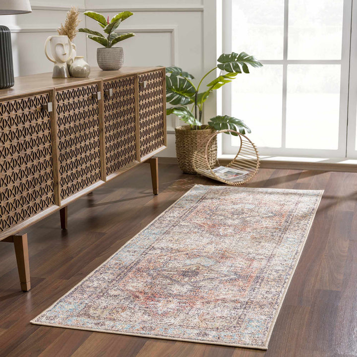 Antique style Rust, Blue, Beige and Charcoal Traditional Heriz Washable Area Rug - The Rug Decor