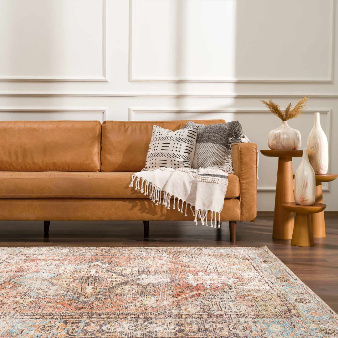 Antique style Rust, Blue, Beige and Charcoal Traditional Heriz Washable Area Rug - The Rug Decor