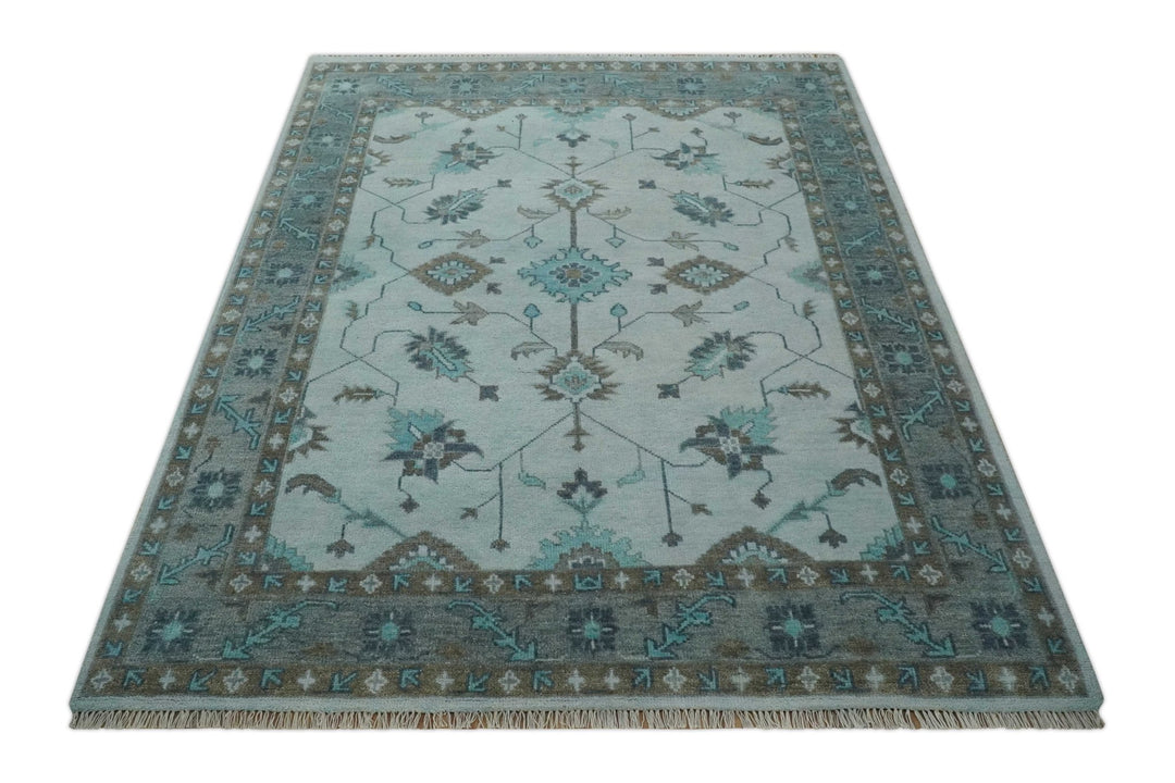 Antique Style Teal and Brown Hand Knotted Oriental Oushak 8x10 wool Area Rug - The Rug Decor